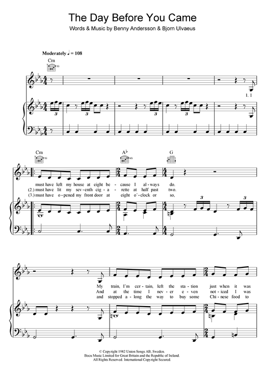 Learn to play ABBA The Day Before You Came sheet music for Piano, Vocal & Guitar (Right-Hand Melody) in minutes. ABBA The Day Before You Came sheet music notes and chords. Download Printable PDF.