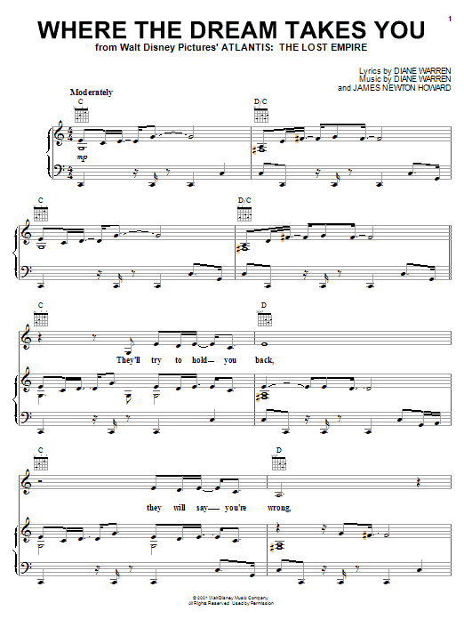 Learn to play Mya Where The Dream Takes You (from Atlantis: The Lost Empire) sheet music for Piano, Vocal & Guitar (Right-Hand Melody) in minutes. Mya Where The Dream Takes You (from Atlantis: The Lost Empire) sheet music notes and chords. Download Printable PDF.
