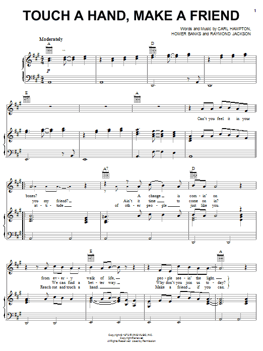 Learn to play The Staple Singers Touch A Hand, Make A Friend sheet music for Piano, Vocal & Guitar (Right-Hand Melody) in minutes. The Staple Singers Touch A Hand, Make A Friend sheet music notes and chords. Download Printable PDF.
