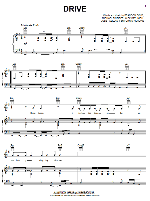 Learn to play Incubus Drive sheet music for Piano, Vocal & Guitar (Right-Hand Melody) in minutes. Incubus Drive sheet music notes and chords. Download Printable PDF.