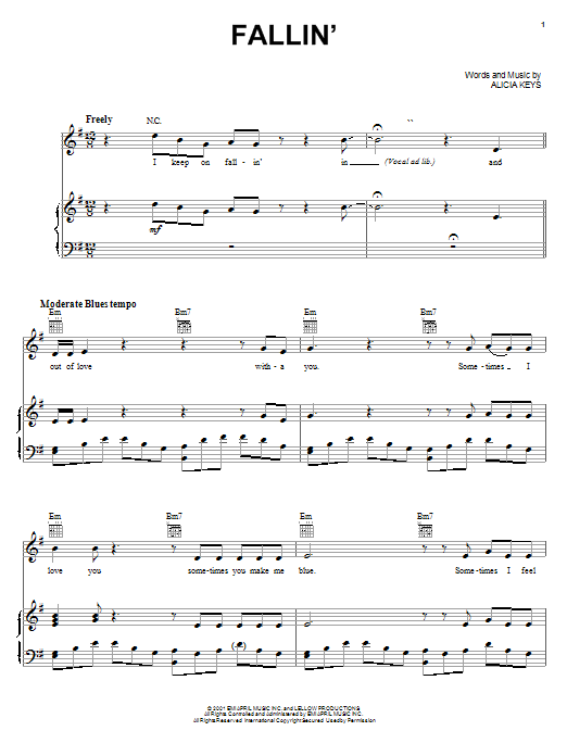 Learn to play Alicia Keys Fallin' sheet music for Piano, Vocal & Guitar (Right-Hand Melody) in minutes. Alicia Keys Fallin' sheet music notes and chords. Download Printable PDF.
