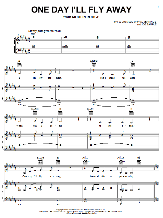 Learn to play Nicole Kidman One Day I'll Fly Away (from Moulin Rouge) sheet music for Piano, Vocal & Guitar (Right-Hand Melody) in minutes. Nicole Kidman One Day I'll Fly Away (from Moulin Rouge) sheet music notes and chords. Download Printable PDF.