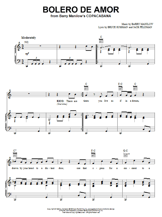Learn to play Barry Manilow Bolero De Amor sheet music for Piano, Vocal & Guitar (Right-Hand Melody) in minutes. Barry Manilow Bolero De Amor sheet music notes and chords. Download Printable PDF.