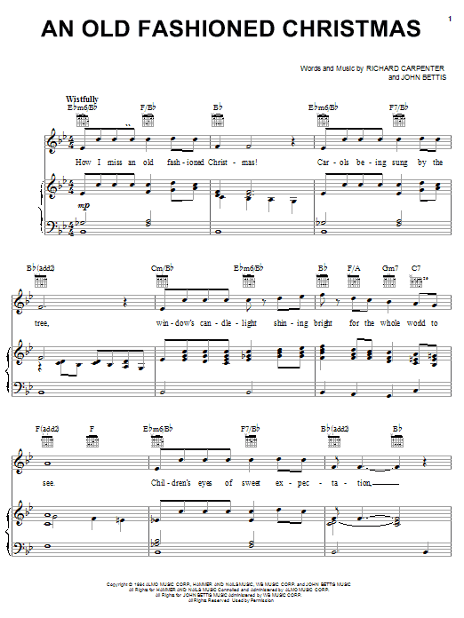 Learn to play Carpenters An Old Fashioned Christmas sheet music for Piano, Vocal & Guitar (Right-Hand Melody) in minutes. Carpenters An Old Fashioned Christmas sheet music notes and chords. Download Printable PDF.