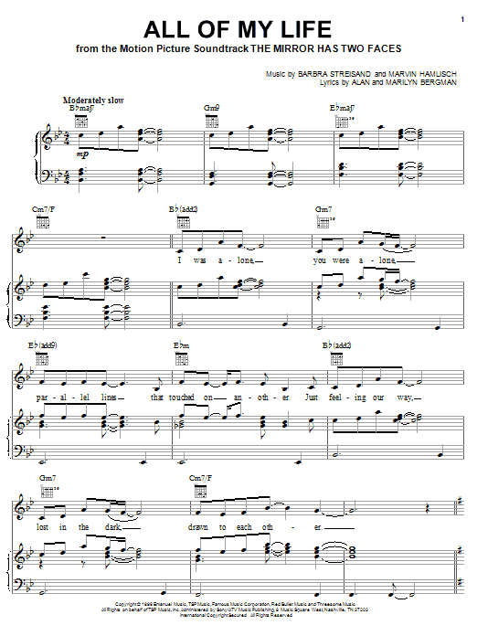 Learn to play Barbra Streisand All Of My Life sheet music for Piano, Vocal & Guitar (Right-Hand Melody) in minutes. Barbra Streisand All Of My Life sheet music notes and chords. Download Printable PDF.
