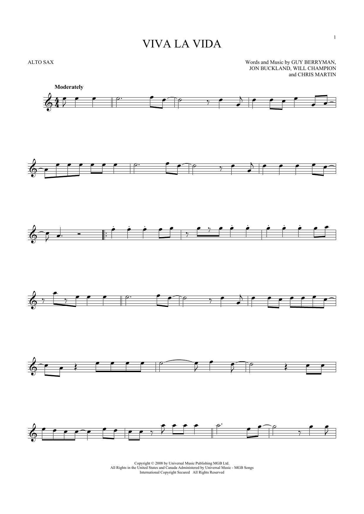 Learn to play Coldplay Viva La Vida sheet music for Alto Saxophone in minutes. Coldplay Viva La Vida sheet music notes and chords. Download Printable PDF.