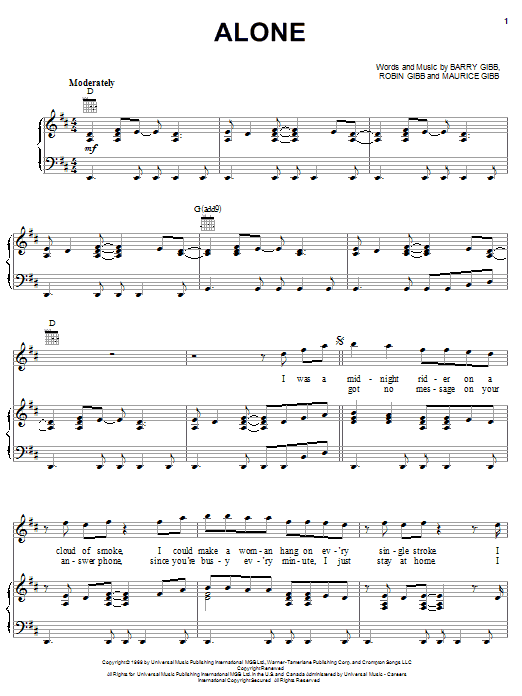 Learn to play Bee Gees Alone sheet music for Piano, Vocal & Guitar (Right-Hand Melody) in minutes. Bee Gees Alone sheet music notes and chords. Download Printable PDF.