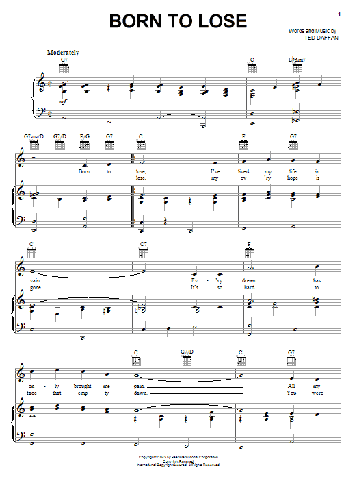 Learn to play Ray Charles Born To Lose sheet music for Piano, Vocal & Guitar (Right-Hand Melody) in minutes. Ray Charles Born To Lose sheet music notes and chords. Download Printable PDF.