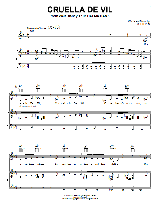 Learn to play Mel Leven Cruella De Vil sheet music for Piano, Vocal & Guitar (Right-Hand Melody) in minutes. Mel Leven Cruella De Vil sheet music notes and chords. Download Printable PDF.