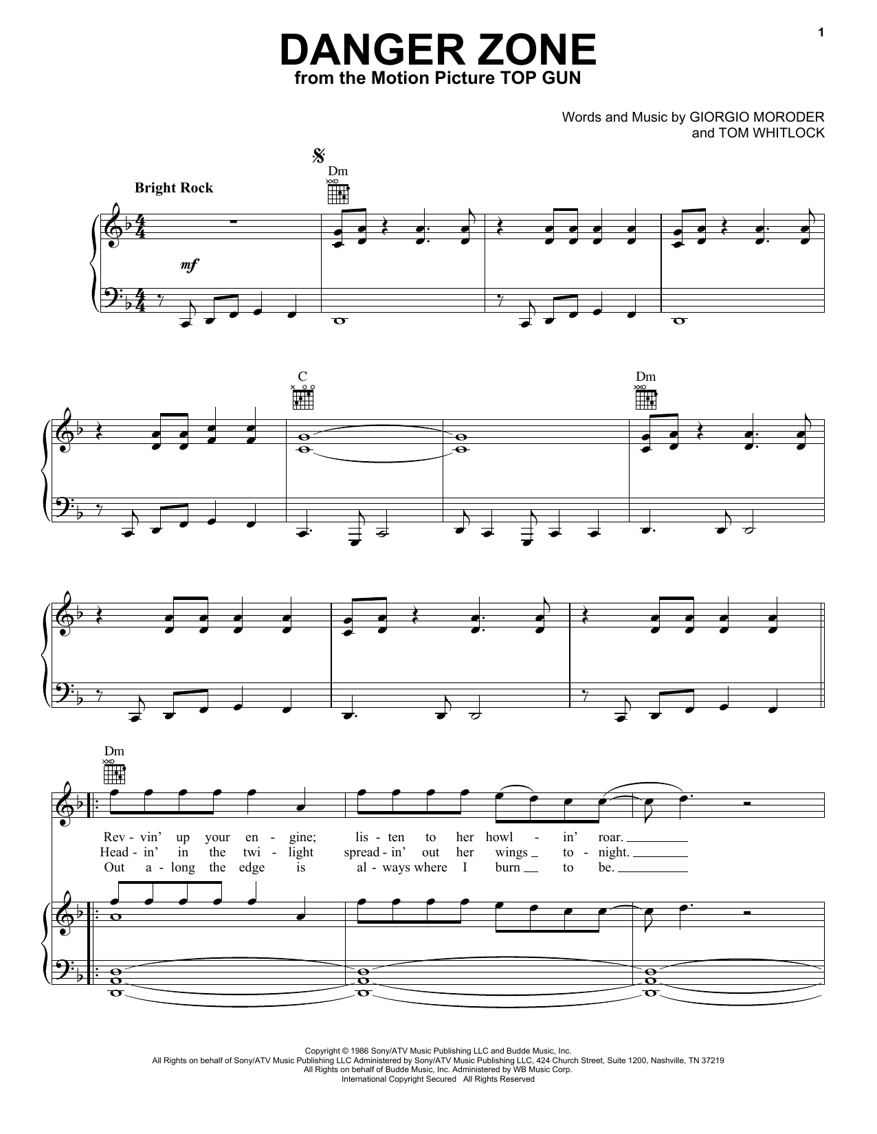 Learn to play Kenny Loggins Danger Zone (from Top Gun) sheet music for Piano, Vocal & Guitar (Right-Hand Melody) in minutes. Kenny Loggins Danger Zone (from Top Gun) sheet music notes and chords. Download Printable PDF.