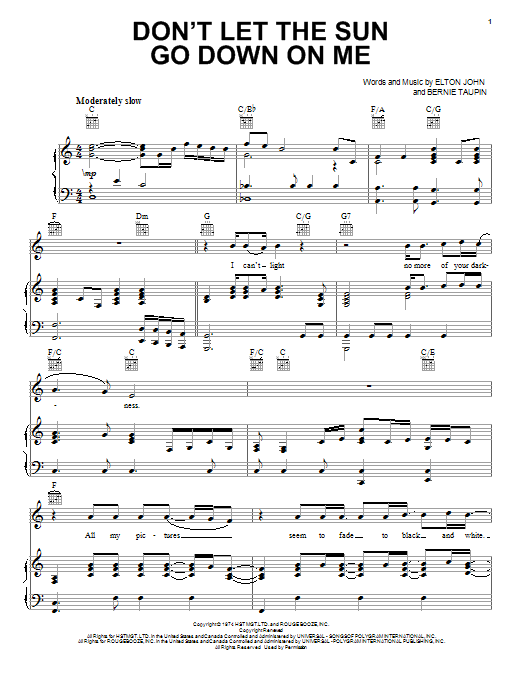 Learn to play Elton John Don't Let The Sun Go Down On Me sheet music for Piano, Vocal & Guitar (Right-Hand Melody) in minutes. Elton John Don't Let The Sun Go Down On Me sheet music notes and chords. Download Printable PDF.