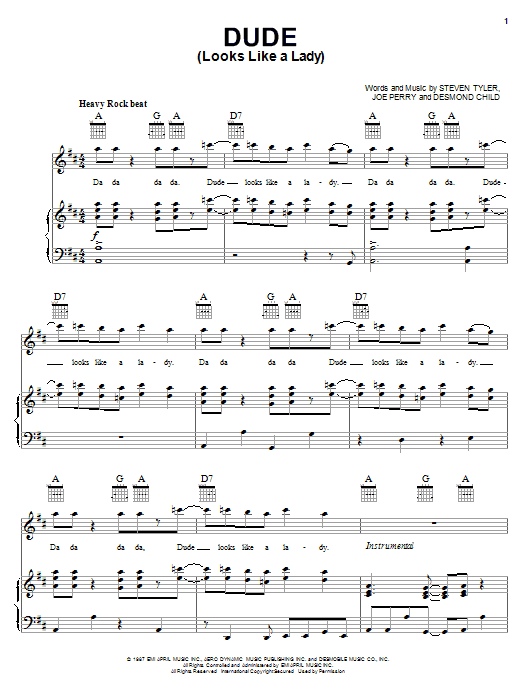 Learn to play Aerosmith Dude (Looks Like A Lady) sheet music for Piano, Vocal & Guitar (Right-Hand Melody) in minutes. Aerosmith Dude (Looks Like A Lady) sheet music notes and chords. Download Printable PDF.