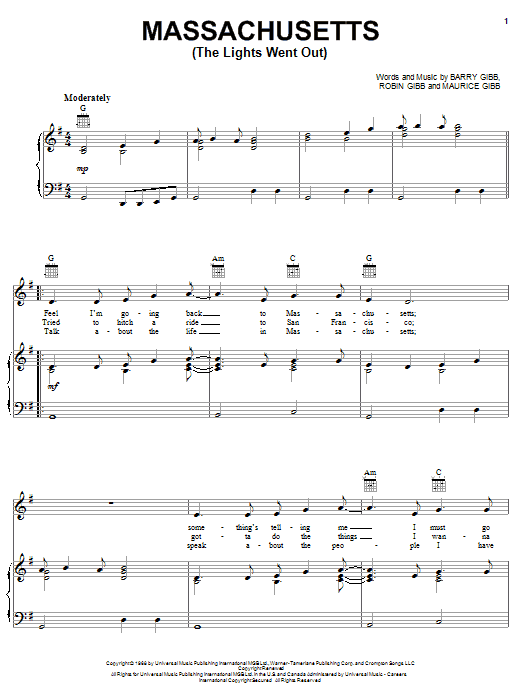 Learn to play Bee Gees Massachusetts (The Lights Went Out) sheet music for Piano, Vocal & Guitar (Right-Hand Melody) in minutes. Bee Gees Massachusetts (The Lights Went Out) sheet music notes and chords. Download Printable PDF.