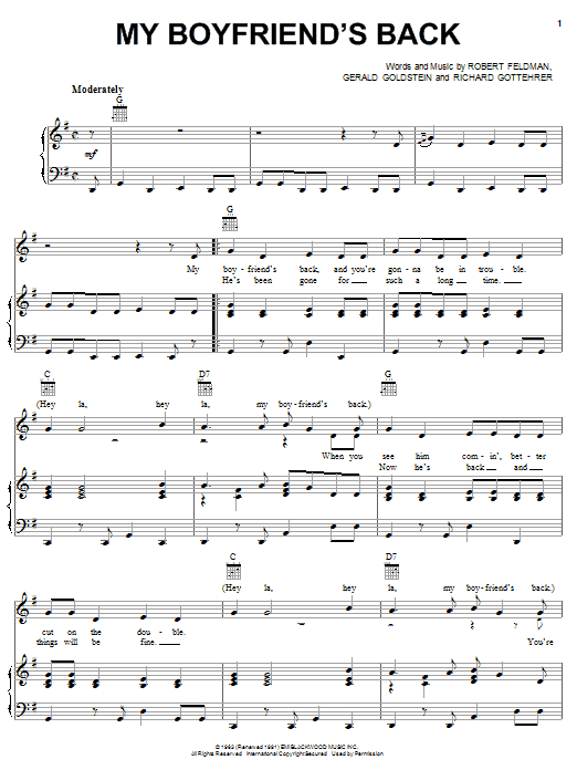 Learn to play Bobby Comstock My Boyfriend's Back sheet music for Piano, Vocal & Guitar (Right-Hand Melody) in minutes. Bobby Comstock My Boyfriend's Back sheet music notes and chords. Download Printable PDF.