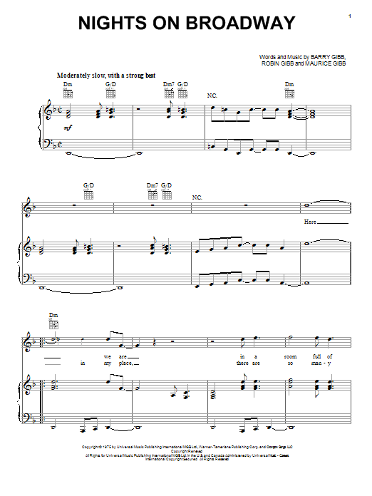 Learn to play Bee Gees Nights On Broadway sheet music for Piano, Vocal & Guitar (Right-Hand Melody) in minutes. Bee Gees Nights On Broadway sheet music notes and chords. Download Printable PDF.