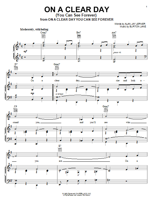 Learn to play Frank Sinatra On A Clear Day (You Can See Forever) sheet music for Piano, Vocal & Guitar (Right-Hand Melody) in minutes. Frank Sinatra On A Clear Day (You Can See Forever) sheet music notes and chords. Download Printable PDF.