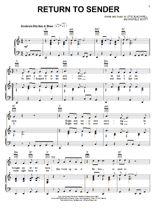 Learn to play Elvis Presley Return To Sender sheet music for Piano, Vocal & Guitar (Right-Hand Melody) in minutes. Elvis Presley Return To Sender sheet music notes and chords. Download Printable PDF.