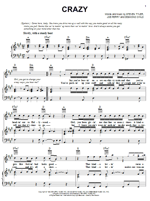 Learn to play Aerosmith Crazy sheet music for Piano, Vocal & Guitar (Right-Hand Melody) in minutes. Aerosmith Crazy sheet music notes and chords. Download Printable PDF.