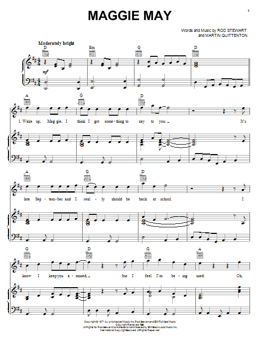 Learn to play Rod Stewart Maggie May sheet music for Piano, Vocal & Guitar (Right-Hand Melody) in minutes. Rod Stewart Maggie May sheet music notes and chords. Download Printable PDF.