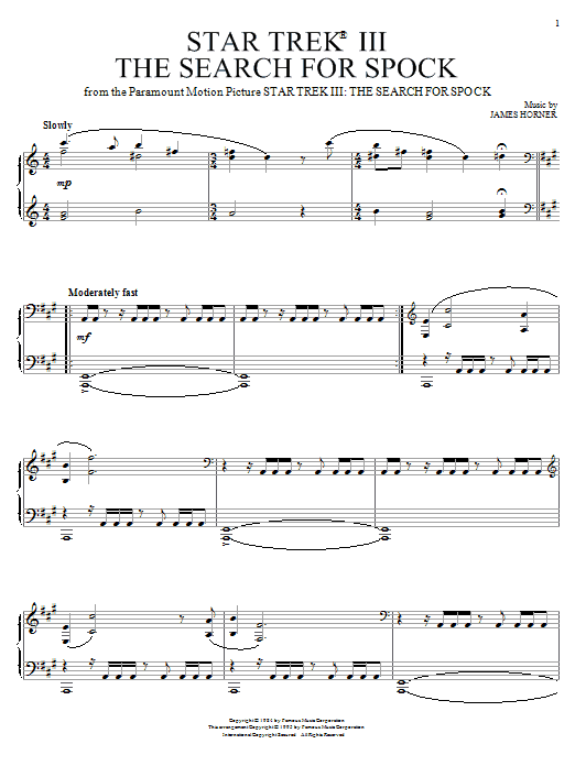 Learn to play James Horner Star Trek(R) III - The Search For Spock sheet music for Piano in minutes. James Horner Star Trek(R) III - The Search For Spock sheet music notes and chords. Download Printable PDF.