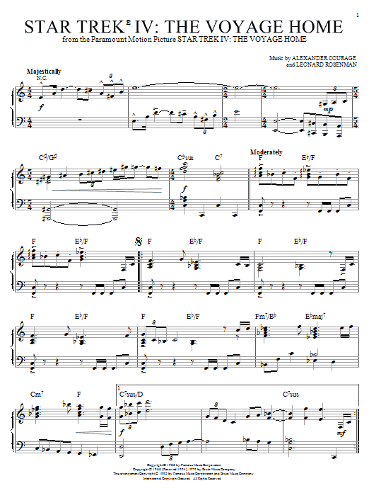 Learn to play Alexander Courage Star Trek(R) IV - The Voyage Home sheet music for Piano in minutes. Alexander Courage Star Trek(R) IV - The Voyage Home sheet music notes and chords. Download Printable PDF.