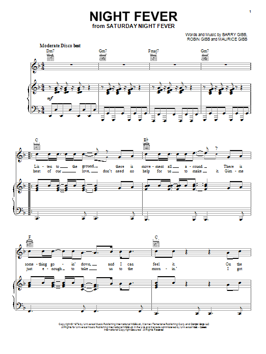 Learn to play Bee Gees Night Fever sheet music for Piano, Vocal & Guitar (Right-Hand Melody) in minutes. Bee Gees Night Fever sheet music notes and chords. Download Printable PDF.