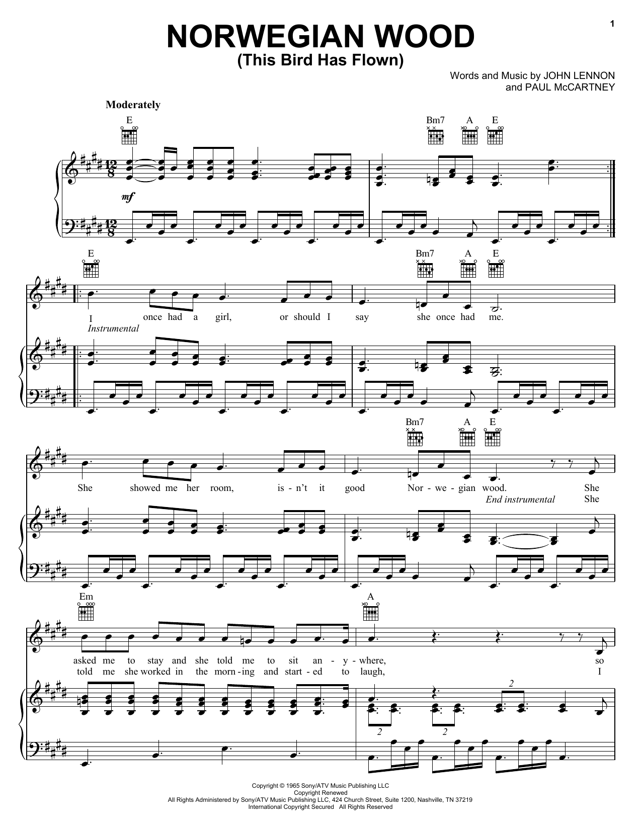 Learn to play The Beatles Norwegian Wood (This Bird Has Flown) sheet music for Piano, Vocal & Guitar (Right-Hand Melody) in minutes. The Beatles Norwegian Wood (This Bird Has Flown) sheet music notes and chords. Download Printable PDF.