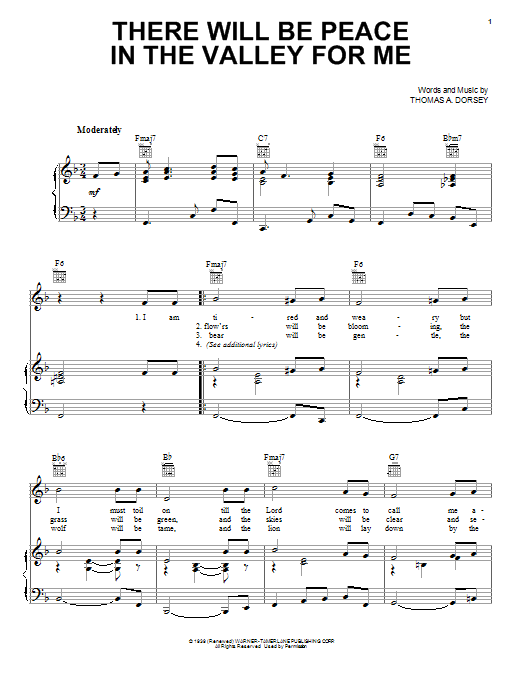 Learn to play Elvis Presley (There'll Be) Peace In The Valley (For Me) sheet music for Piano, Vocal & Guitar (Right-Hand Melody) in minutes. Elvis Presley (There'll Be) Peace In The Valley (For Me) sheet music notes and chords. Download Printable PDF.