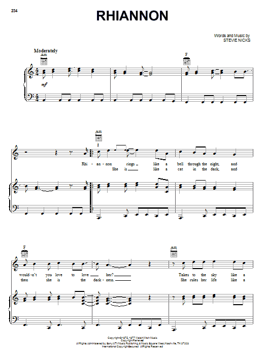 Learn to play Fleetwood Mac Rhiannon sheet music for Piano, Vocal & Guitar (Right-Hand Melody) in minutes. Fleetwood Mac Rhiannon sheet music notes and chords. Download Printable PDF.