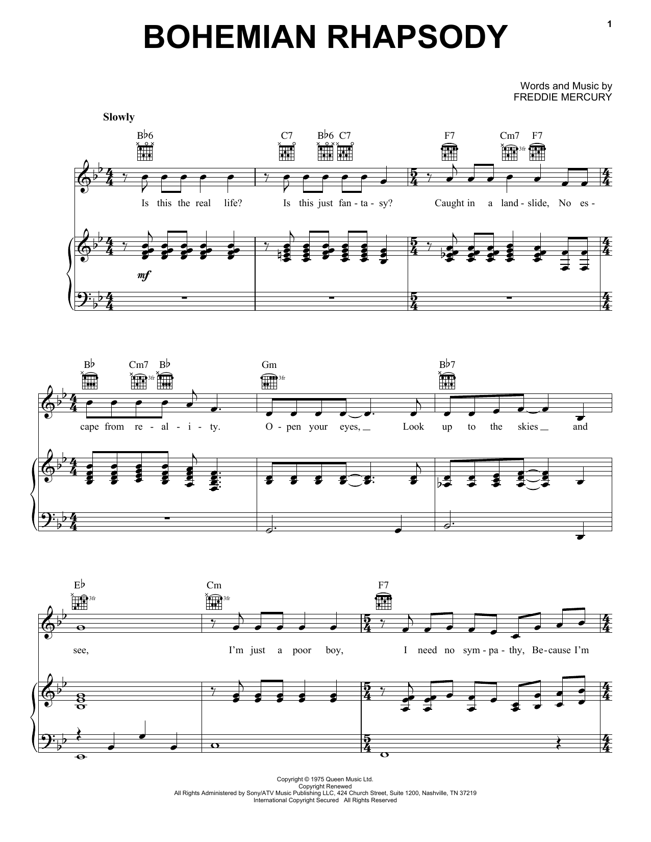 Learn to play Queen Bohemian Rhapsody sheet music for Piano, Vocal & Guitar (Right-Hand Melody) in minutes. Queen Bohemian Rhapsody sheet music notes and chords. Download Printable PDF.