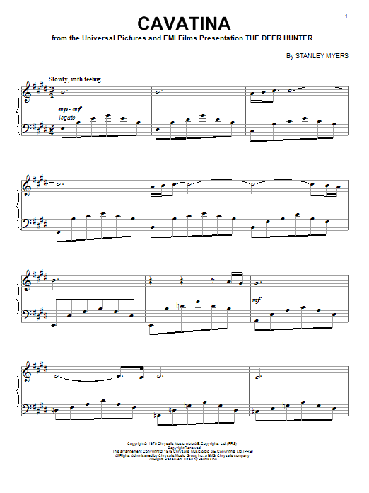 Learn to play Stanley Myers Cavatina (from The Deer Hunter) sheet music for Piano in minutes. Stanley Myers Cavatina (from The Deer Hunter) sheet music notes and chords. Download Printable PDF.