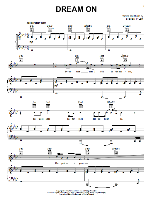 Learn to play Aerosmith Dream On sheet music for Piano, Vocal & Guitar (Right-Hand Melody) in minutes. Aerosmith Dream On sheet music notes and chords. Download Printable PDF.