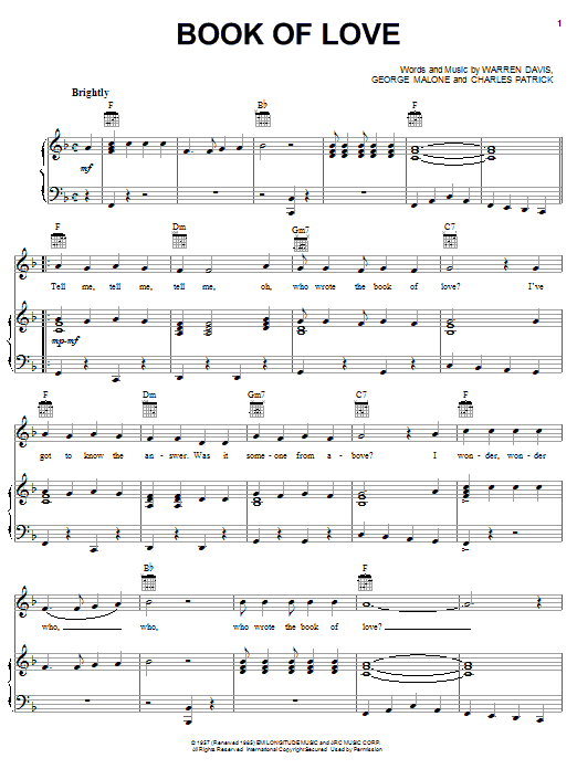 Learn to play The Monotones Book Of Love sheet music for Piano, Vocal & Guitar (Right-Hand Melody) in minutes. The Monotones Book Of Love sheet music notes and chords. Download Printable PDF.