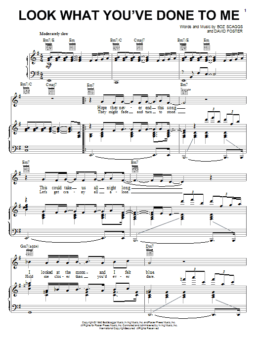 Learn to play Boz Scaggs Look What You've Done To Me sheet music for Piano, Vocal & Guitar (Right-Hand Melody) in minutes. Boz Scaggs Look What You've Done To Me sheet music notes and chords. Download Printable PDF.