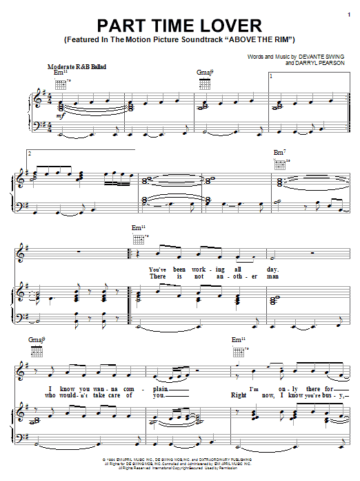 Learn to play H-Town Part Time Lover (from Above The Rim) sheet music for Piano, Vocal & Guitar (Right-Hand Melody) in minutes. H-Town Part Time Lover (from Above The Rim) sheet music notes and chords. Download Printable PDF.
