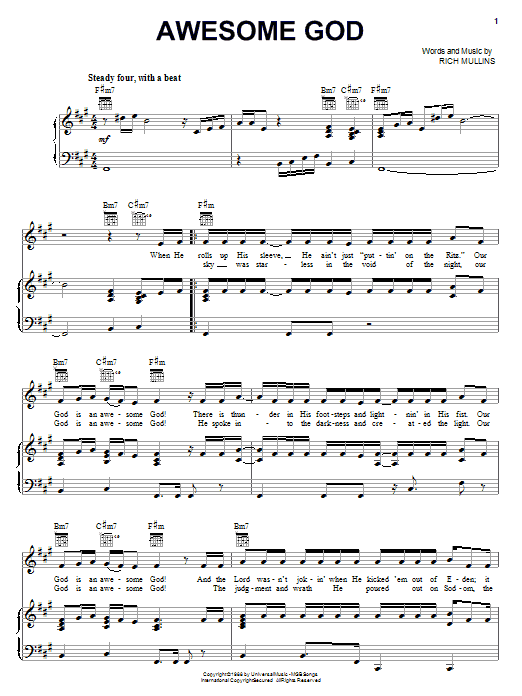 Learn to play Rich Mullins Awesome God sheet music for Piano, Vocal & Guitar (Right-Hand Melody) in minutes. Rich Mullins Awesome God sheet music notes and chords. Download Printable PDF.