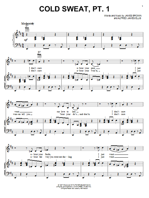 Learn to play James Brown Cold Sweat, Pt. 1 sheet music for Piano, Vocal & Guitar (Right-Hand Melody) in minutes. James Brown Cold Sweat, Pt. 1 sheet music notes and chords. Download Printable PDF.