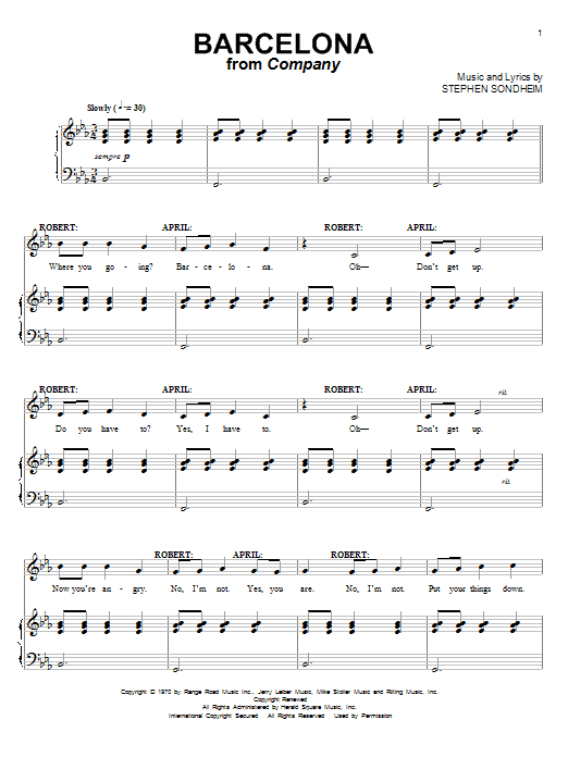 Learn to play Stephen Sondheim Barcelona sheet music for Piano, Vocal & Guitar (Right-Hand Melody) in minutes. Stephen Sondheim Barcelona sheet music notes and chords. Download Printable PDF.