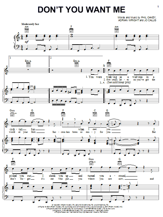 Learn to play The Human League Don't You Want Me sheet music for Piano, Vocal & Guitar (Right-Hand Melody) in minutes. The Human League Don't You Want Me sheet music notes and chords. Download Printable PDF.