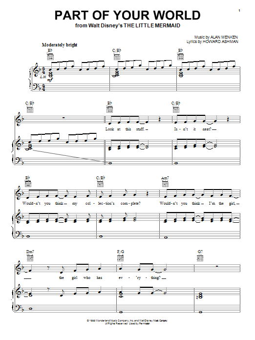 Learn to play Alan Menken Part Of Your World sheet music for Piano, Vocal & Guitar (Right-Hand Melody) in minutes. Alan Menken Part Of Your World sheet music notes and chords. Download Printable PDF.