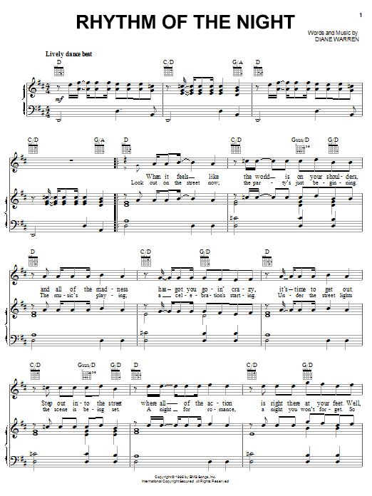 Learn to play DeBarge Rhythm Of The Night sheet music for Piano, Vocal & Guitar (Right-Hand Melody) in minutes. DeBarge Rhythm Of The Night sheet music notes and chords. Download Printable PDF.