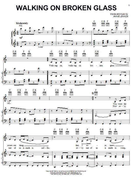 Learn to play Annie Lennox Walking On Broken Glass sheet music for Piano, Vocal & Guitar (Right-Hand Melody) in minutes. Annie Lennox Walking On Broken Glass sheet music notes and chords. Download Printable PDF.