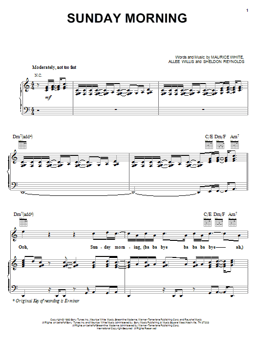 Learn to play Earth, Wind & Fire Sunday Morning sheet music for Piano, Vocal & Guitar (Right-Hand Melody) in minutes. Earth, Wind & Fire Sunday Morning sheet music notes and chords. Download Printable PDF.