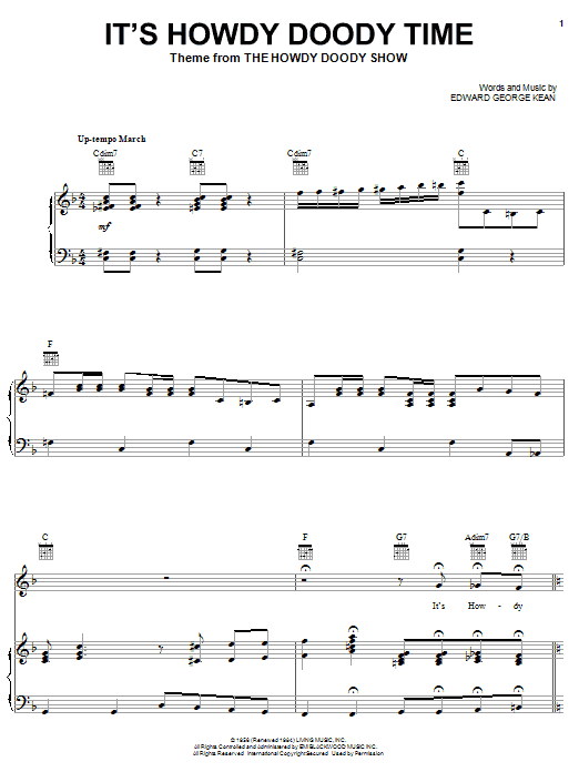 Learn to play Edward George Kean It's Howdy Doody Time (theme from The Howdy Doody Show) sheet music for Piano, Vocal & Guitar (Right-Hand Melody) in minutes. Edward George Kean It's Howdy Doody Time (theme from The Howdy Doody Show) sheet music notes and chords. Download Printable PDF.