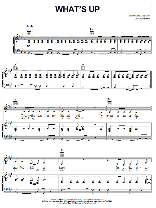 Learn to play 4 Non Blondes What's Up sheet music for Piano, Vocal & Guitar (Right-Hand Melody) in minutes. 4 Non Blondes What's Up sheet music notes and chords. Download Printable PDF.