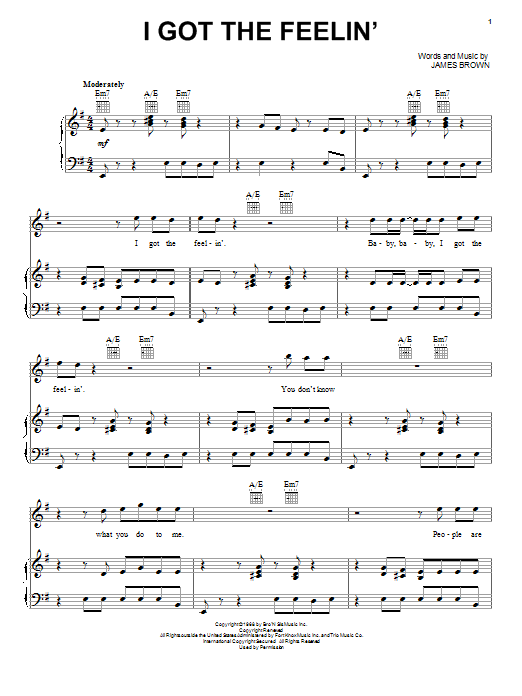 Learn to play James Brown I Got The Feelin' sheet music for Piano, Vocal & Guitar (Right-Hand Melody) in minutes. James Brown I Got The Feelin' sheet music notes and chords. Download Printable PDF.