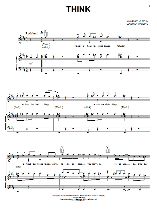 Learn to play James Brown Think sheet music for Piano, Vocal & Guitar (Right-Hand Melody) in minutes. James Brown Think sheet music notes and chords. Download Printable PDF.