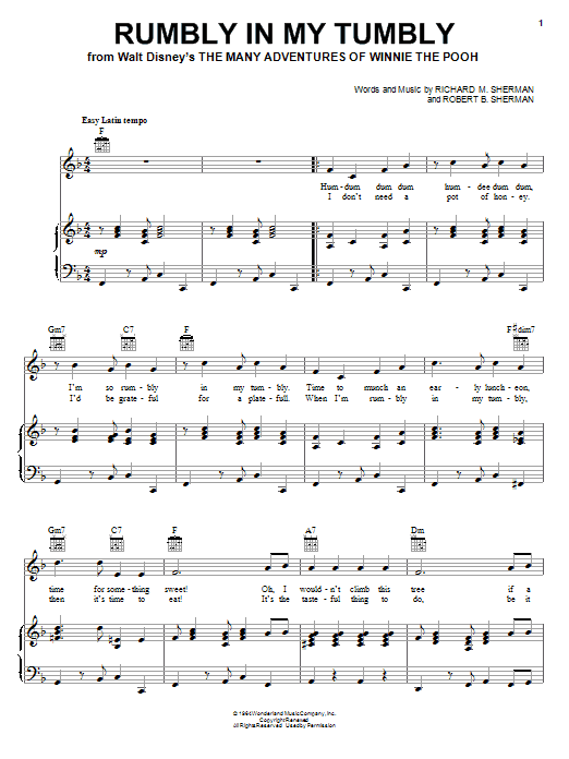 Learn to play Sherman Brothers Rumbly In My Tumbly sheet music for Piano, Vocal & Guitar (Right-Hand Melody) in minutes. Sherman Brothers Rumbly In My Tumbly sheet music notes and chords. Download Printable PDF.