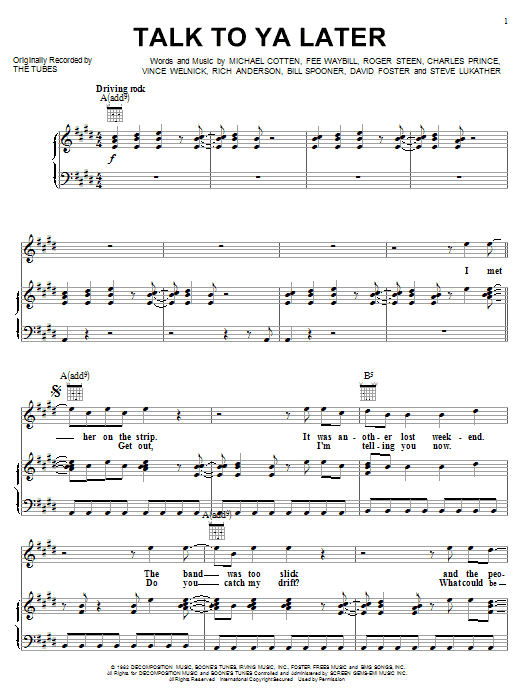 Learn to play The Tubes Talk To Ya Later sheet music for Piano, Vocal & Guitar (Right-Hand Melody) in minutes. The Tubes Talk To Ya Later sheet music notes and chords. Download Printable PDF.
