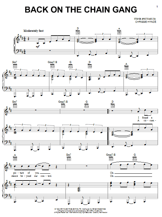 Learn to play The Pretenders Back On The Chain Gang sheet music for Piano, Vocal & Guitar (Right-Hand Melody) in minutes. The Pretenders Back On The Chain Gang sheet music notes and chords. Download Printable PDF.